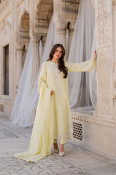 Elegant Pastel Yellow Embroidered 3 Piece Suit for Women