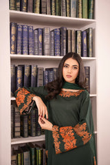 Elegant Dark Green Embroidered 2 Piece Suit for Women