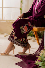 Elegant Maroon Embroidered 3 Piece Suit for Women