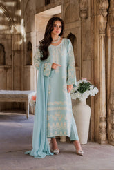 Graceful Ice Blue Embroidered Designer 3 Piece Suit for Women