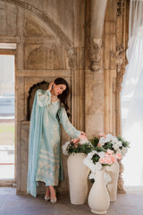 Graceful Ice Blue Embroidered Designer 3 Piece Suit for Women