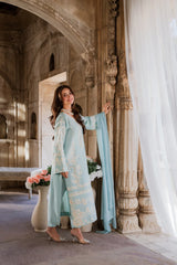 Graceful Ice Blue Embroidered Designer 3 Piece Suit for Women