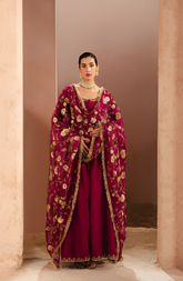 Plum Raw Silk Pishwaz with Organza Dupatta