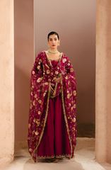 Plum Raw Silk Pishwaz with Organza Dupatta