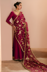 Plum Raw Silk Pishwaz with Organza Dupatta