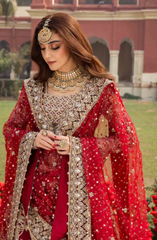 Red Pakistani Bridal Outfit in Pishwas Lehenga Style