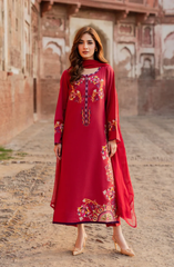 Elegant Red Embroidered Lawn 3 Piece Suit for Women