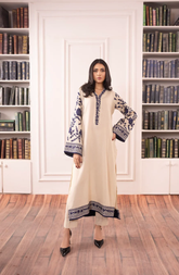 Elegant Beige & Blue Embroidered 2 Piece Suit for Women