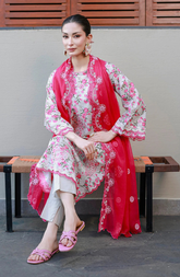 Floral Printed Kurta Set with Red Dupatta