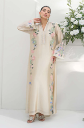 Elegant Beige Floral Embroidered Long Dress