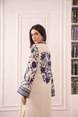 Elegant Beige & Blue Embroidered 2 Piece Suit for Women