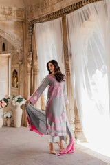 Elegant Grey & Pink Embroidered 3 Piece Suit for Women