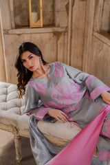 Elegant Grey & Pink Embroidered 3 Piece Suit for Women