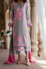 Elegant Grey & Pink Embroidered 3 Piece Suit for Women