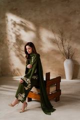 Elegant Olive Green Floral Embroidered Dress