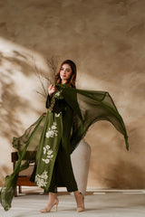 Elegant Olive Green Floral Embroidered Dress