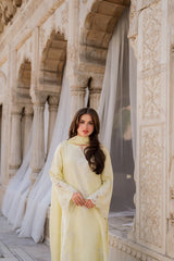 Elegant Pastel Yellow Embroidered 3 Piece Suit for Women