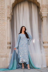 Elegant Powder Blue Embroidered Kurta Set with Ombre Dupatta