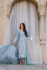 Elegant Powder Blue Embroidered Kurta Set with Ombre Dupatta