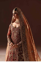 Embroidered Scarlet Pakistani Bridal Dress in Farshi Lehenga Style