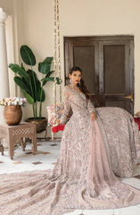 Pink Pakistani Bridal Dress in Long Tail Gown Style