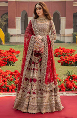 Red Pakistani Bridal Outfit in Pishwas Lehenga Style