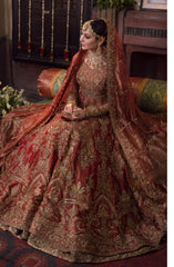 Red Bridal Dress in Pishwas Frock and Lehenga Style