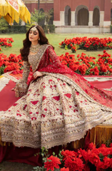 Red Pakistani Bridal Outfit in Pishwas Lehenga Style