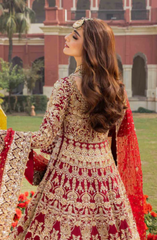 Red Pakistani Bridal Outfit in Pishwas Lehenga Style