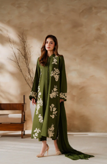 Elegant Olive Green Floral Embroidered Dress