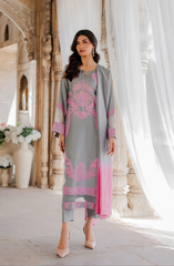 Elegant Grey & Pink Embroidered 3 Piece Suit for Women
