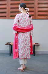 Floral Printed Kurta Set with Red Dupatta