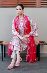 Floral Printed Kurta Set with Red Dupatta