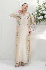 Elegant Beige Floral Embroidered Long Dress