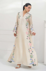 Elegant Beige Floral Embroidered Long Dress